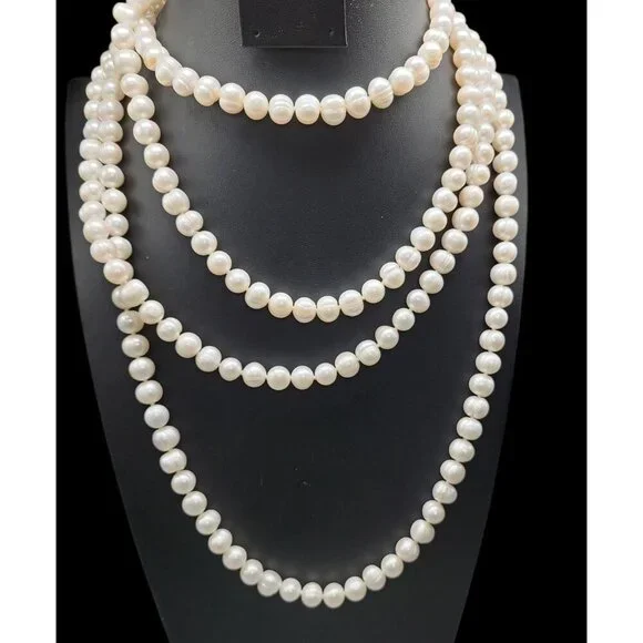 Freshwater Ringed Pearl Necklace 80" Glowing Bridal White 9mm-10mm Free Form
